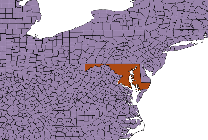 Map of Maryland with surrounding United States Counties in QGIS