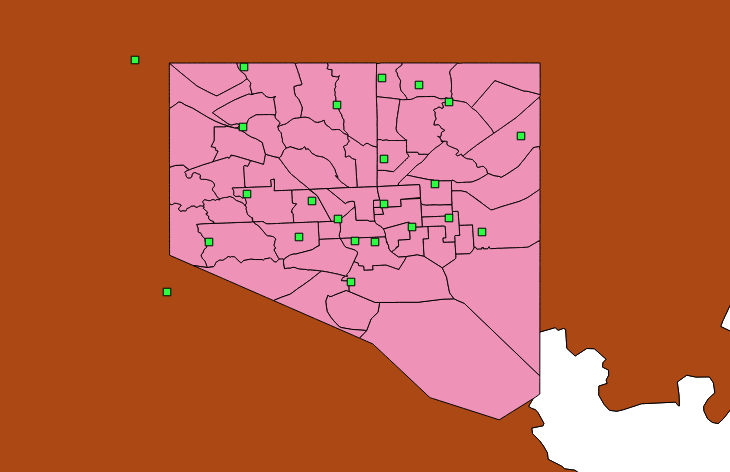 Map of BNIA Baltimore City Statistical Areas with common M-Lab test latitude longitude coordinates in 2020 in QGIS