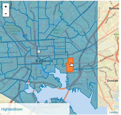 BNIA Map of Baltimore City Statistical Areas with Highlandtown Neighborhood Highlighted