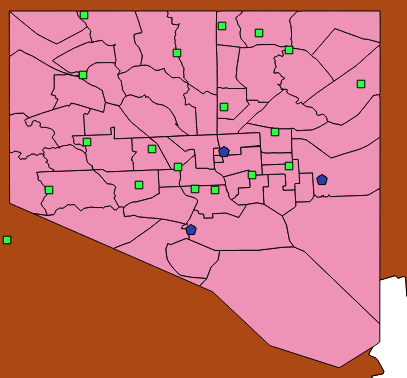 Map of BNIA Baltimore City Statistical Areas with common M-Lab test latitude longitude coordinates in 2020, and sample points from one household's tests in QGIS