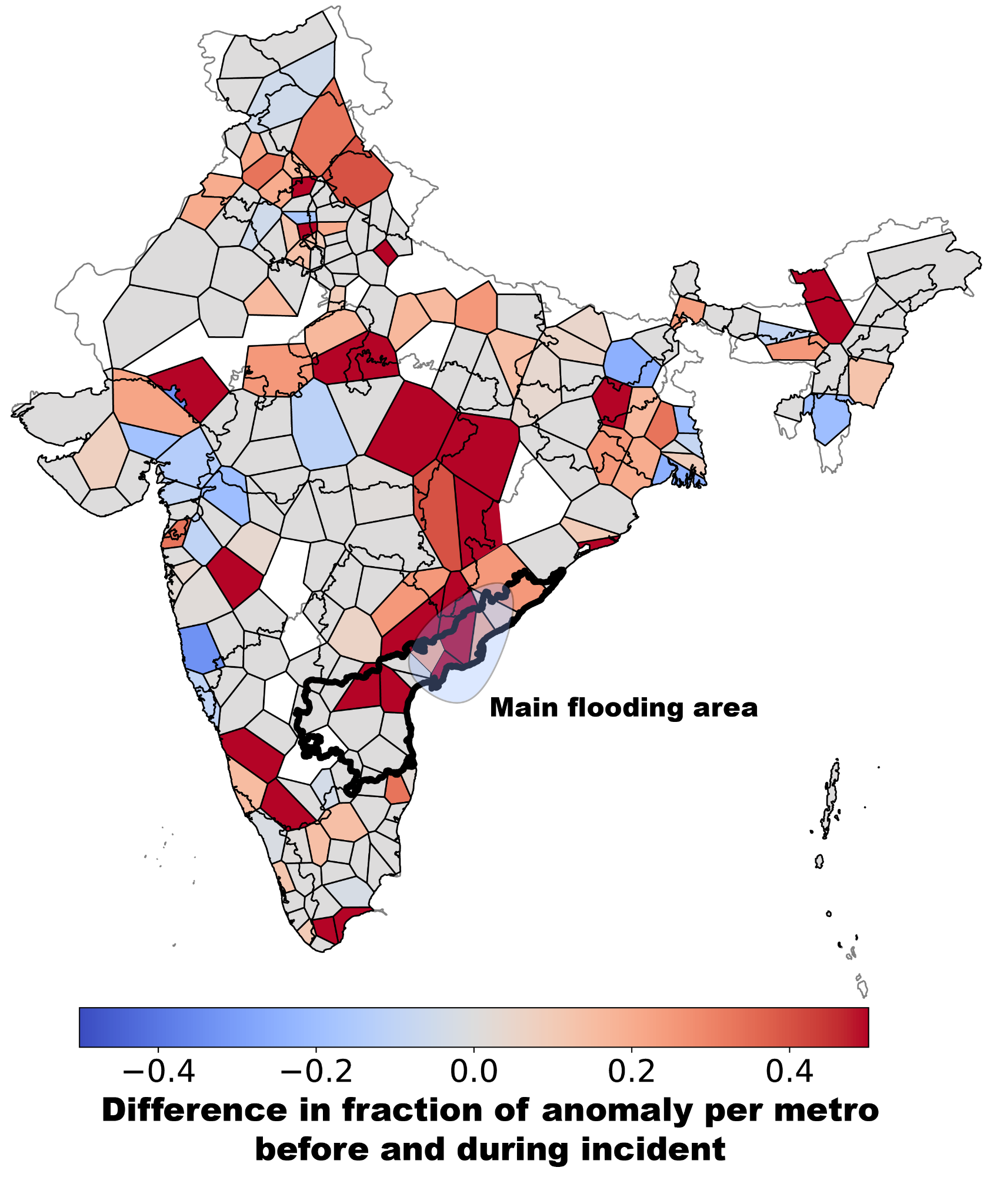 Map of India shaded by the change in the fraction of monitored networks with a HERMES-detected performance anomaly during the September 2024 Andhra Pradesh flooding, with the main flooded region marked